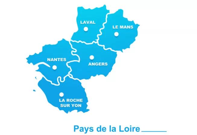 Carte des cinq départements de la région Pays de la loire. Crédit : fotolia